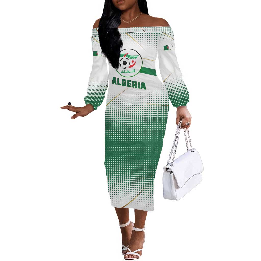 Algeria Soccer Off The Shoulder Long Sleeve Dress with Desert Warriors Text and National Flag Design