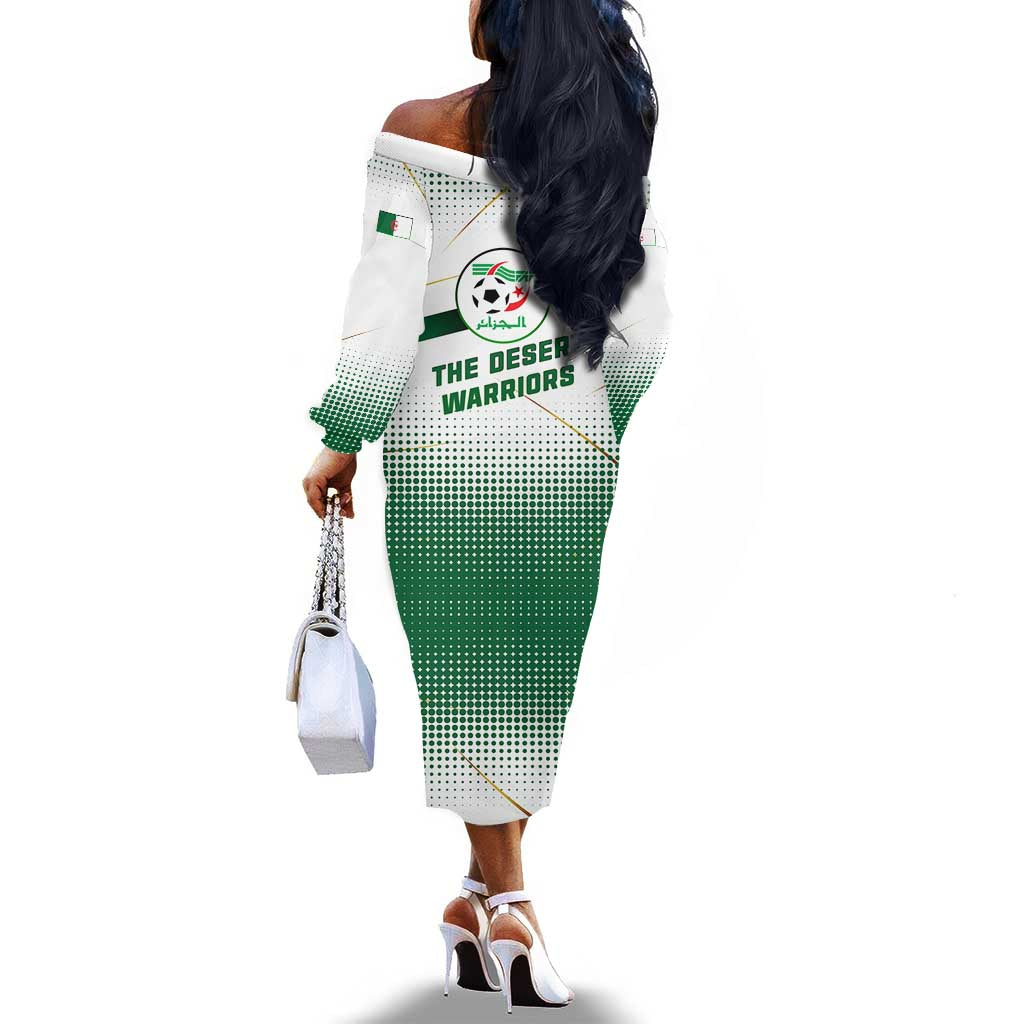 Algeria Soccer Off The Shoulder Long Sleeve Dress with Desert Warriors Text and National Flag Design