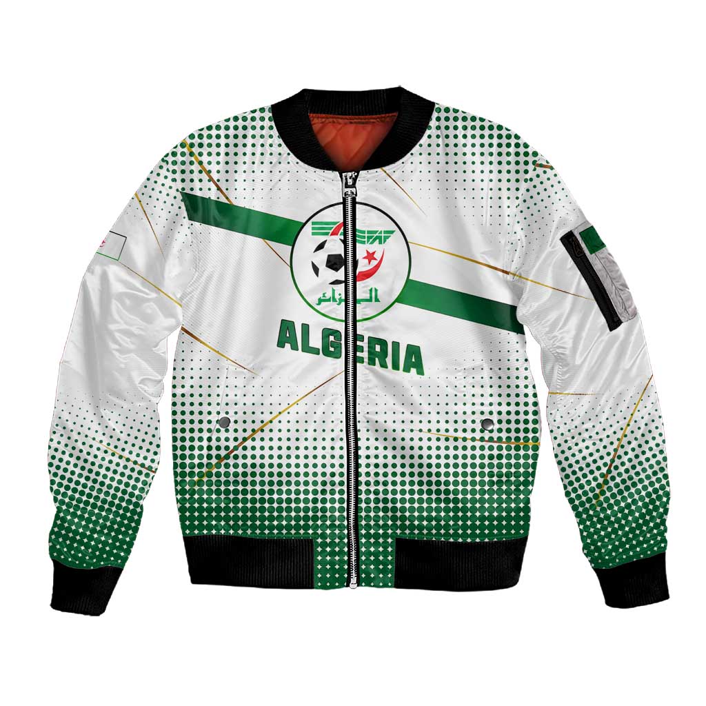Algeria Soccer Sleeve Zip Bomber Jacket with Desert Warriors Text and National Flag Design