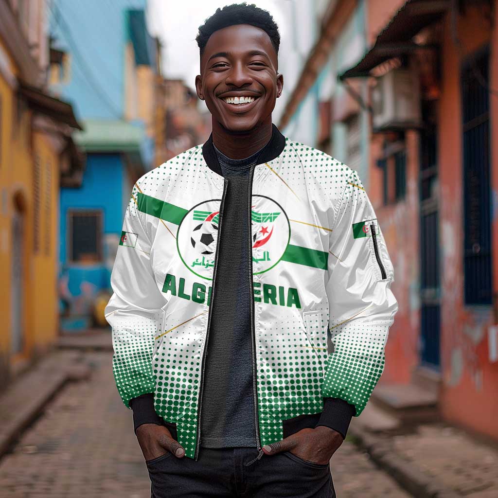 Algeria Soccer Sleeve Zip Bomber Jacket with Desert Warriors Text and National Flag Design