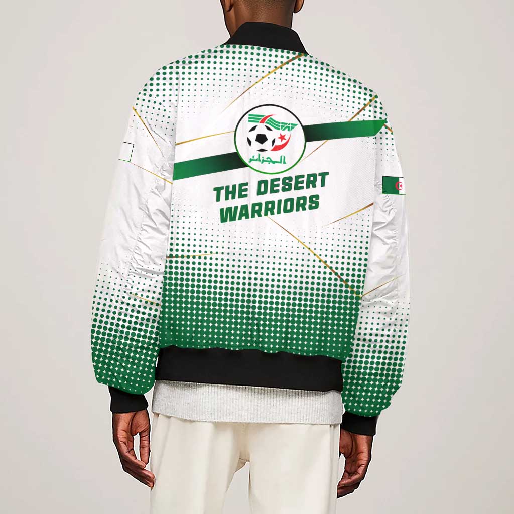 Algeria Soccer Sleeve Zip Bomber Jacket with Desert Warriors Text and National Flag Design
