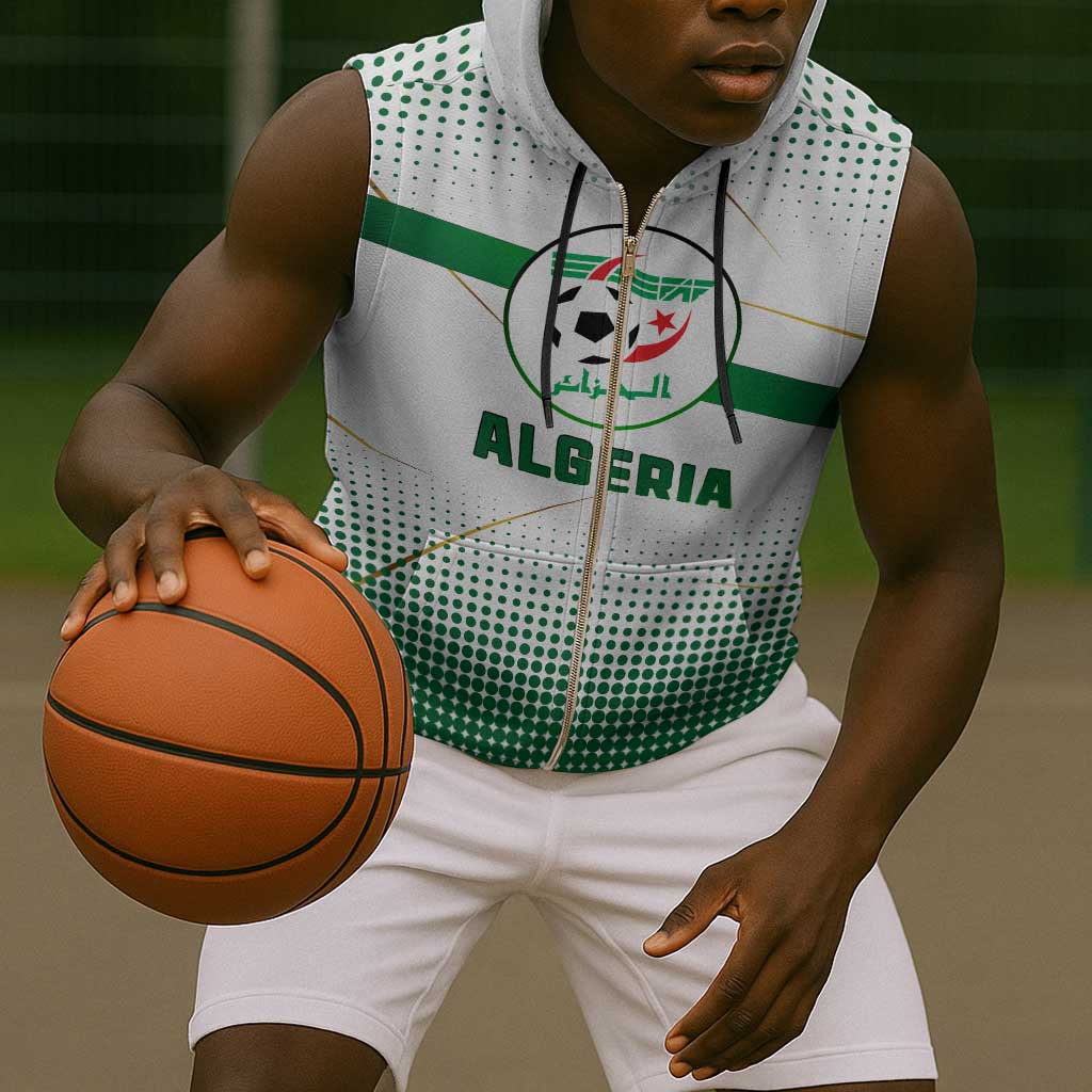 Algeria Soccer Sleeveless Zip Hoodie with Desert Warriors Text and National Flag Design - African Pride