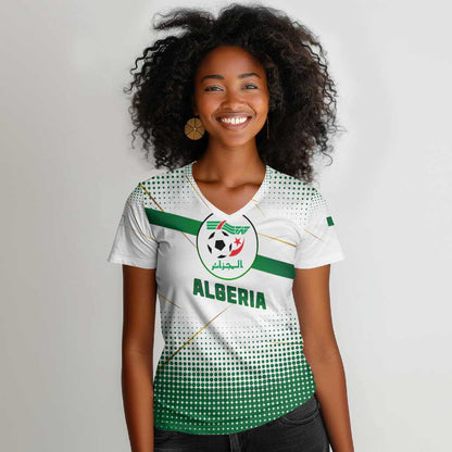 Algeria Soccer Women V-Neck T-Shirt with Desert Warriors Text and National Flag Design