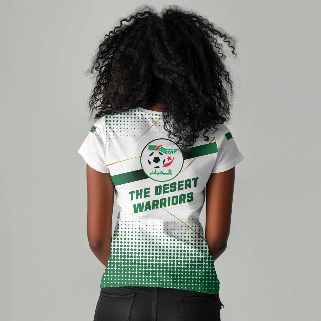 Algeria Soccer Women V-Neck T-Shirt with Desert Warriors Text and National Flag Design