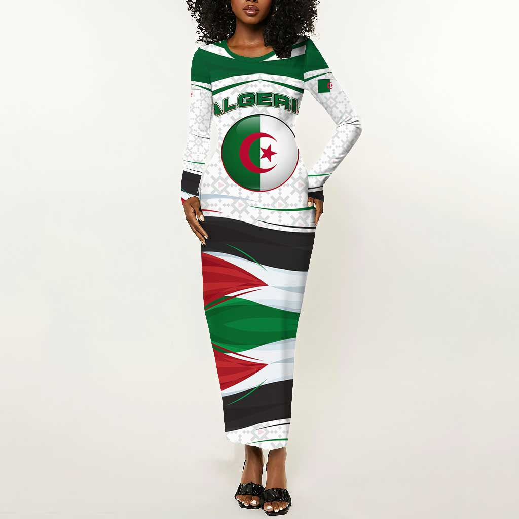 Algeria Long Sleeve Bodycon Dress with National Flag and Coat of Arms Crest Design