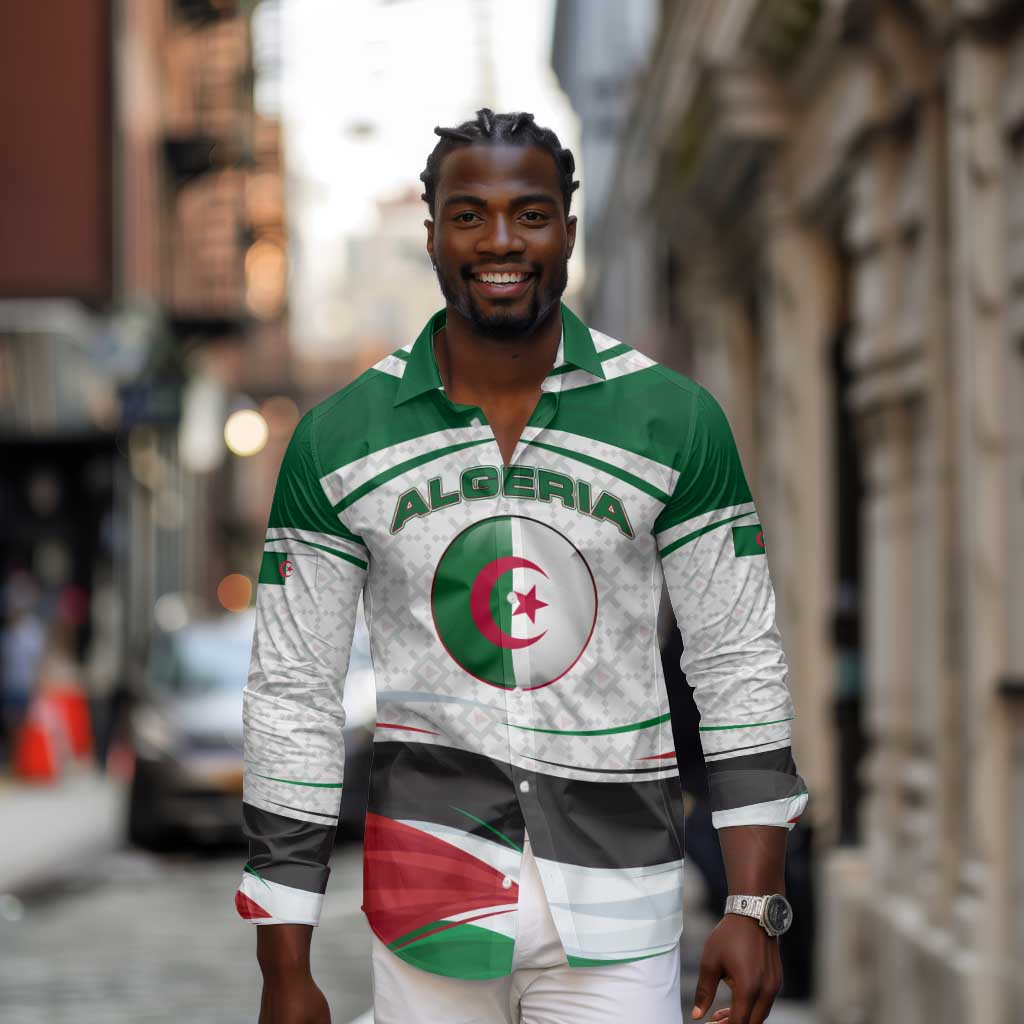 Algeria Long Sleeve Button Shirt with National Flag and Coat of Arms Crest Design