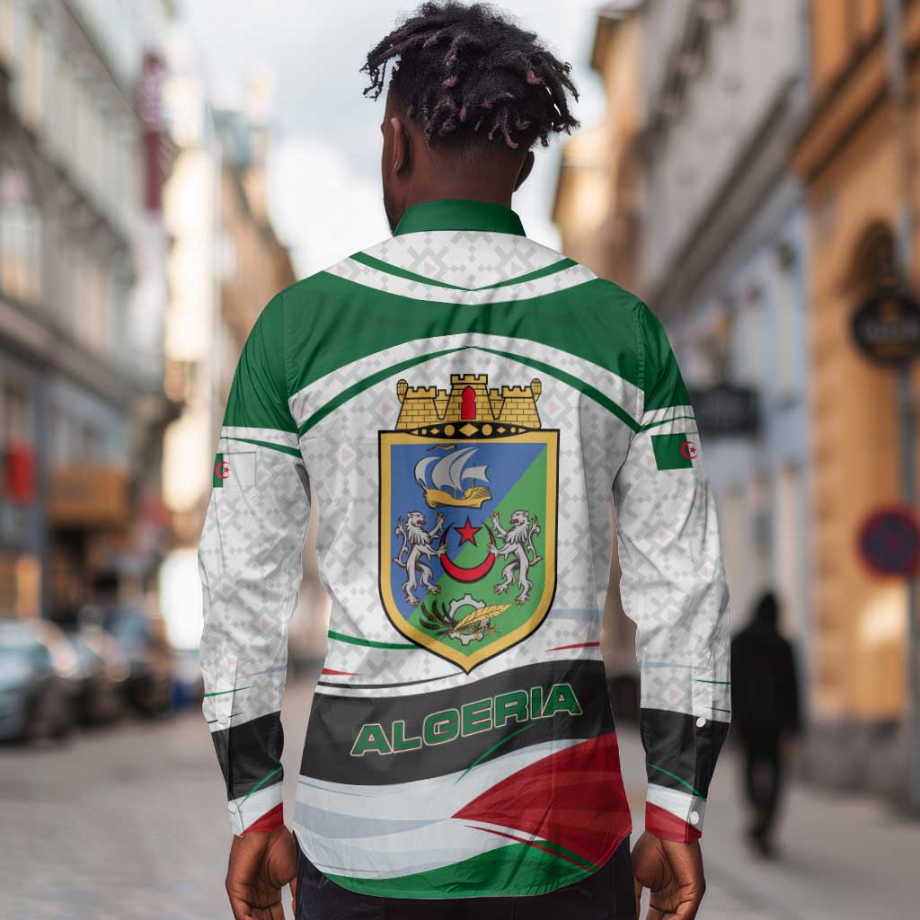Algeria Long Sleeve Button Shirt with National Flag and Coat of Arms Crest Design