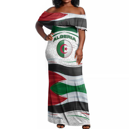 Algeria Off Shoulder Maxi Dress with National Flag and Coat of Arms Crest Design