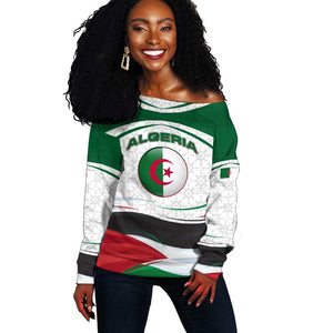 Algeria Off Shoulder Sweater with National Flag and Coat of Arms Crest Design