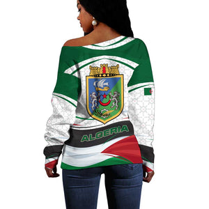 Algeria Off Shoulder Sweater with National Flag and Coat of Arms Crest Design