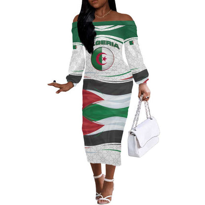Algeria Off The Shoulder Long Sleeve Dress with National Flag and Coat of Arms Crest Design