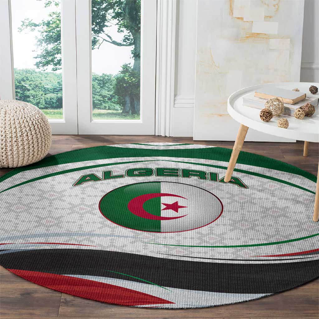 Algeria Round Carpet with National Flag and Coat of Arms Crest Design