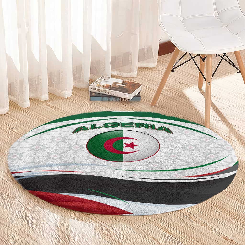 Algeria Round Carpet with National Flag and Coat of Arms Crest Design