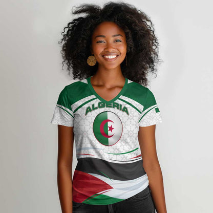 Algeria Women V-Neck T-Shirt with National Flag and Coat of Arms Crest Design