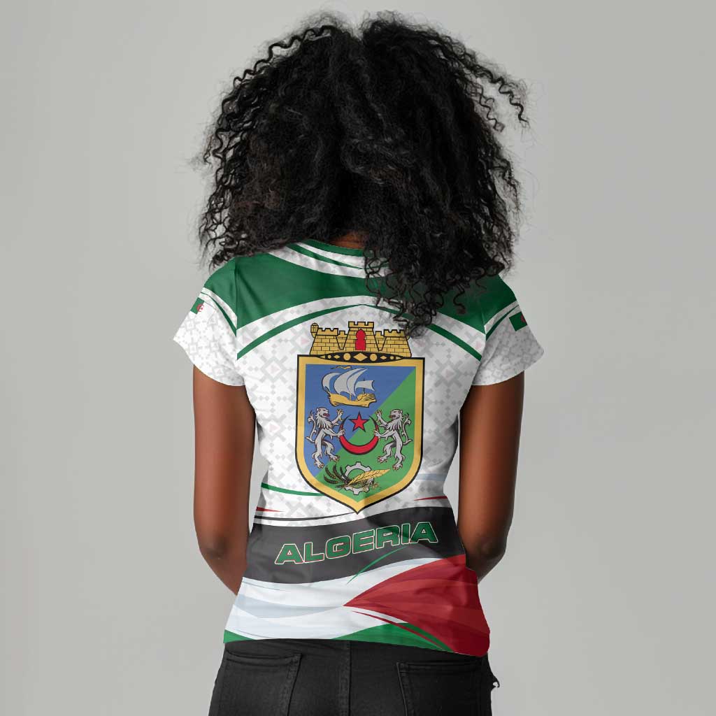 Algeria Women V-Neck T-Shirt with National Flag and Coat of Arms Crest Design