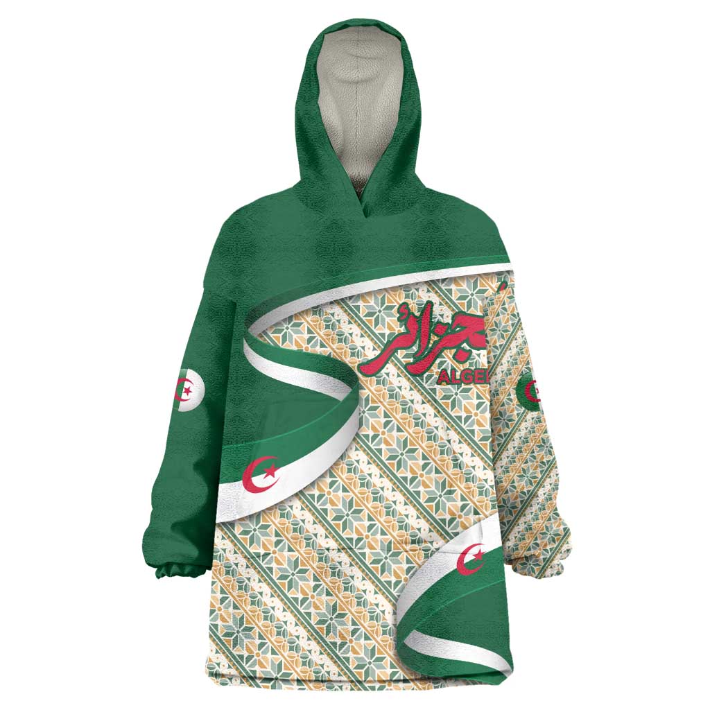Algeria Kid Wearable Blanket Hoodie with Arabic Calligraphy and Traditional Pattern Design