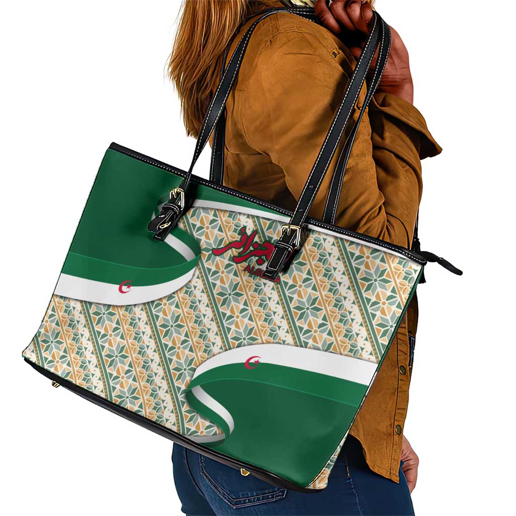 Algeria Leather Tote Bag with Arabic Calligraphy and Traditional Pattern Design