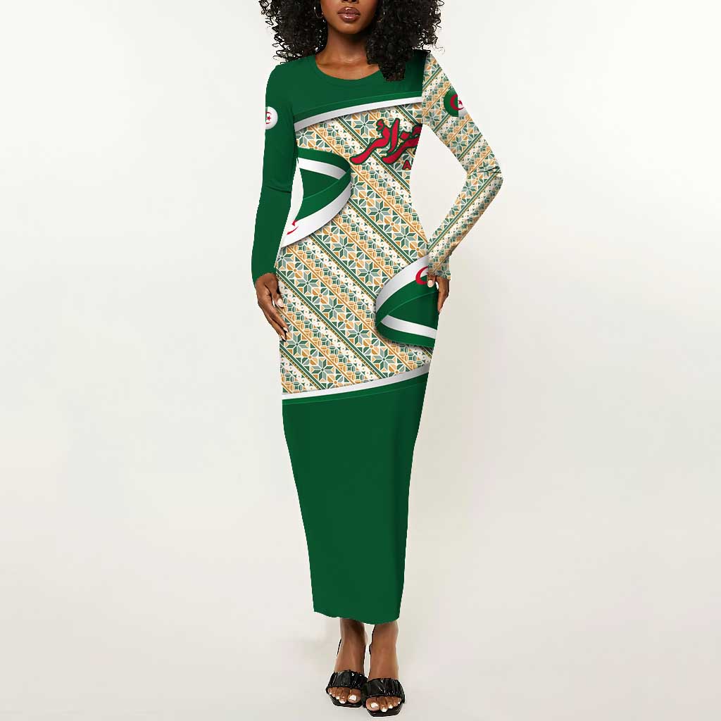 Algeria Long Sleeve Bodycon Dress with Arabic Calligraphy and Traditional Pattern Design