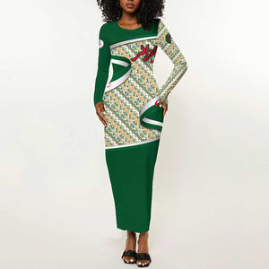 Algeria Long Sleeve Bodycon Dress with Arabic Calligraphy and Traditional Pattern Design
