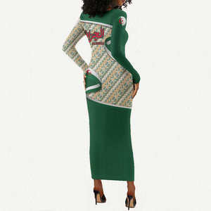 Algeria Long Sleeve Bodycon Dress with Arabic Calligraphy and Traditional Pattern Design