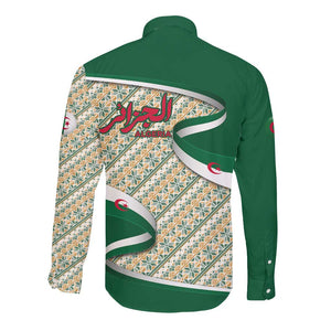 Algeria Long Sleeve Button Shirt with Arabic Calligraphy and Traditional Pattern Design