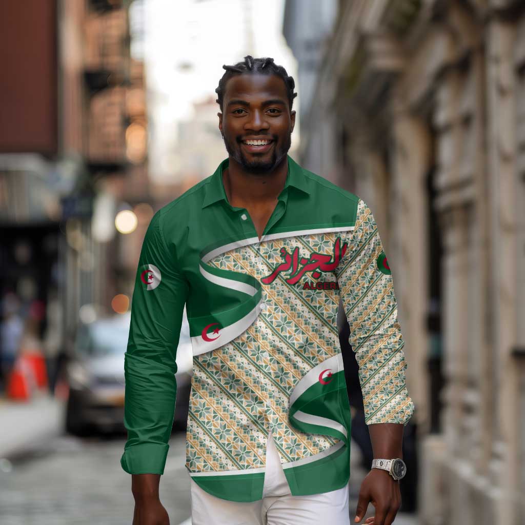 Algeria Long Sleeve Button Shirt with Arabic Calligraphy and Traditional Pattern Design