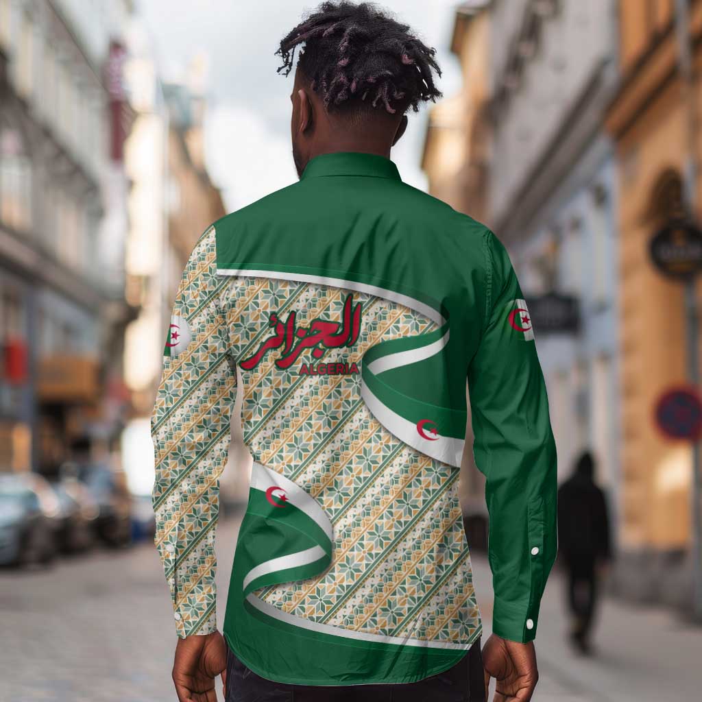 Algeria Long Sleeve Button Shirt with Arabic Calligraphy and Traditional Pattern Design