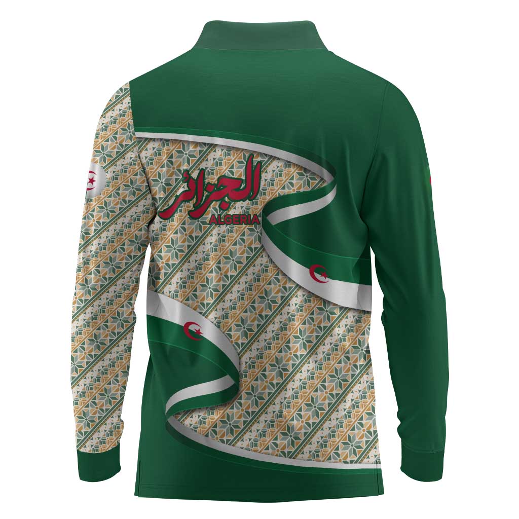 Algeria Long Sleeve Polo Shirt with Arabic Calligraphy and Traditional Pattern Design