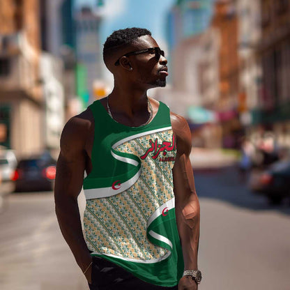 Algeria Men Tank Top with Arabic Calligraphy and Traditional Pattern Design