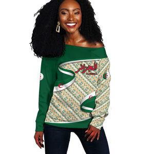 Algeria Off Shoulder Sweater with Arabic Calligraphy and Traditional Pattern Design