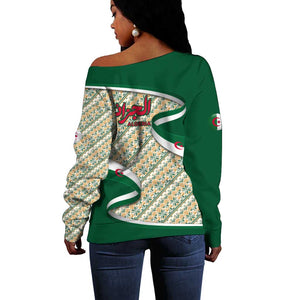 Algeria Off Shoulder Sweater with Arabic Calligraphy and Traditional Pattern Design