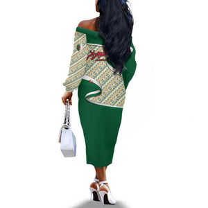 Algeria Off The Shoulder Long Sleeve Dress with Arabic Calligraphy and Traditional Pattern Design