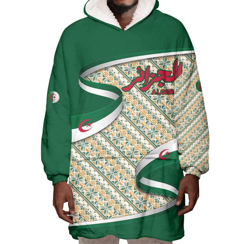 Algeria Wearable Blanket Hoodie with Arabic Calligraphy and Traditional Pattern Design