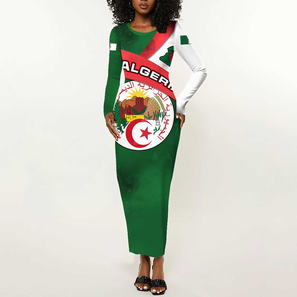 Algeria Long Sleeve Bodycon Dress with National Emblem and Map Design