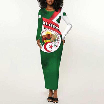 Algeria Long Sleeve Bodycon Dress with National Emblem and Map Design