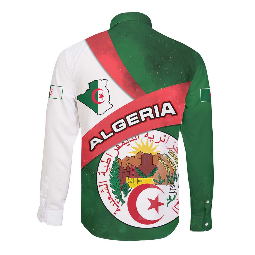 Algeria Long Sleeve Button Shirt with National Emblem and Map Design