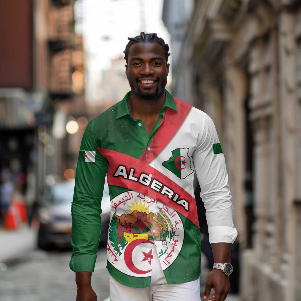 Algeria Long Sleeve Button Shirt with National Emblem and Map Design