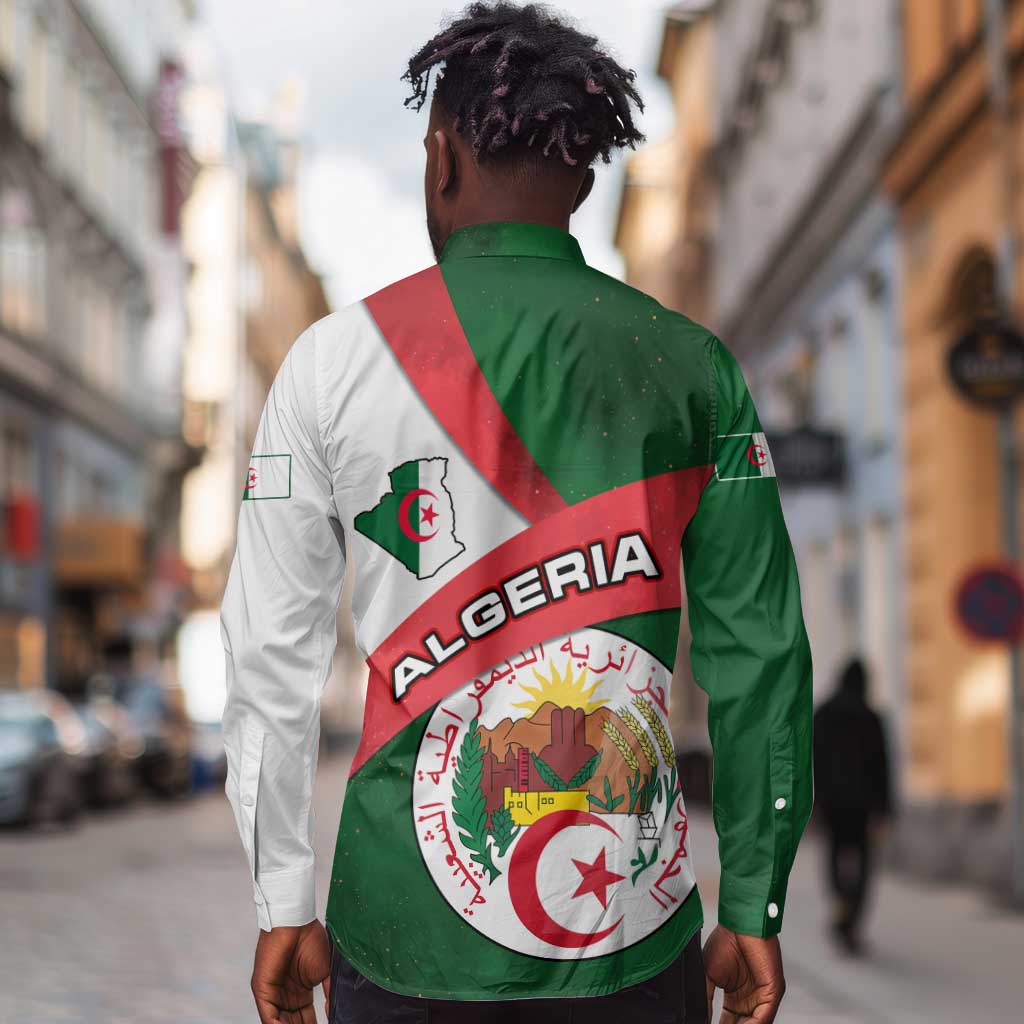 Algeria Long Sleeve Button Shirt with National Emblem and Map Design