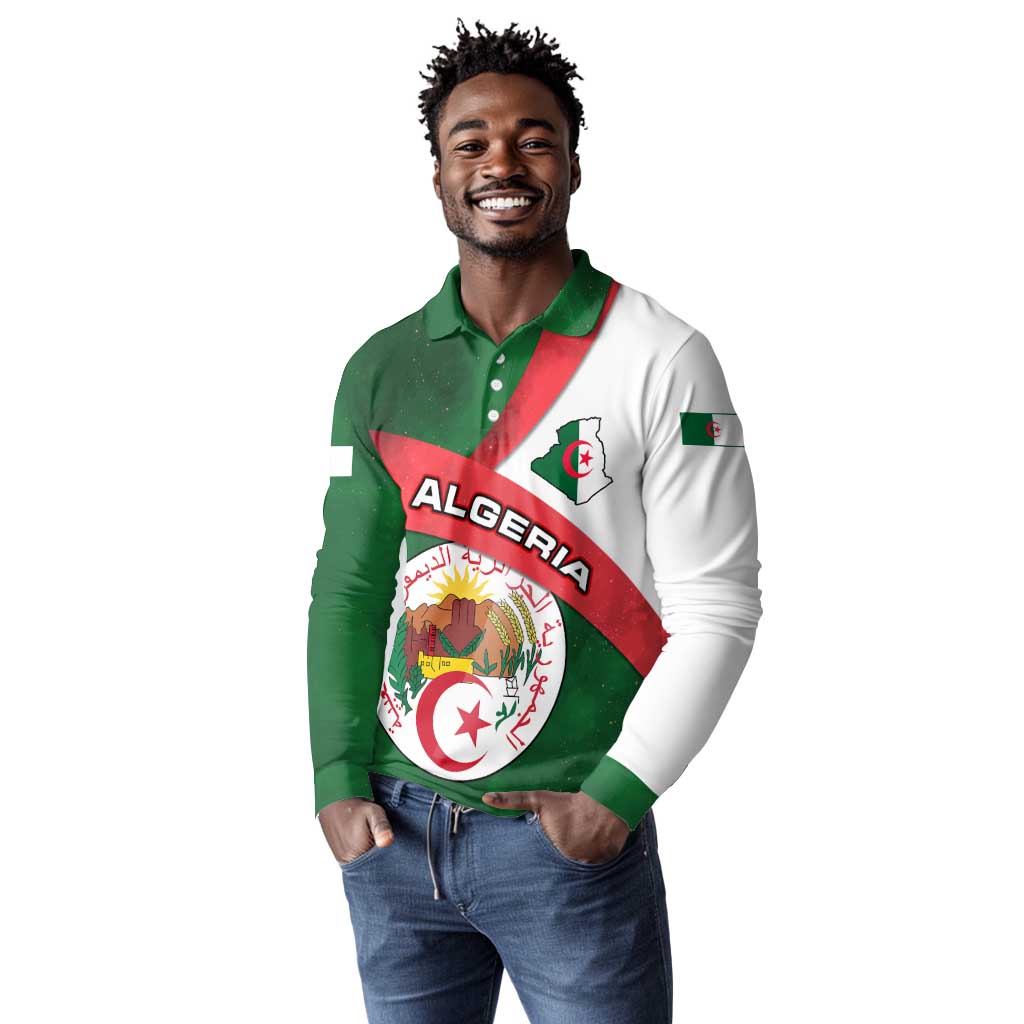 Algeria Long Sleeve Polo Shirt with National Emblem and Map Design