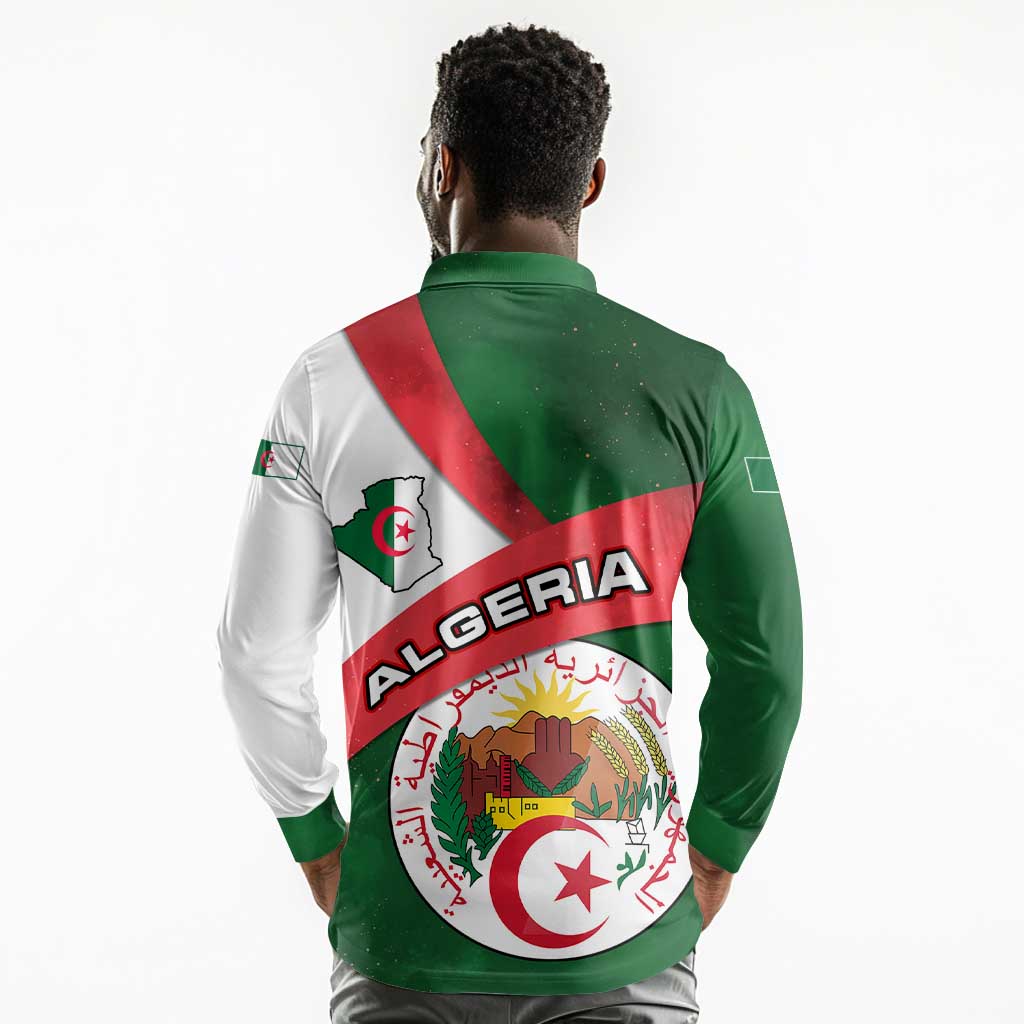 Algeria Long Sleeve Polo Shirt with National Emblem and Map Design