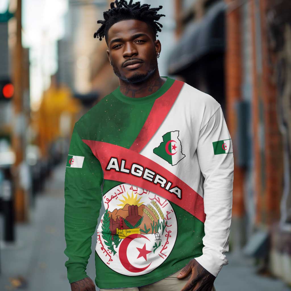 Algeria Long Sleeve Shirt with National Emblem and Map Design