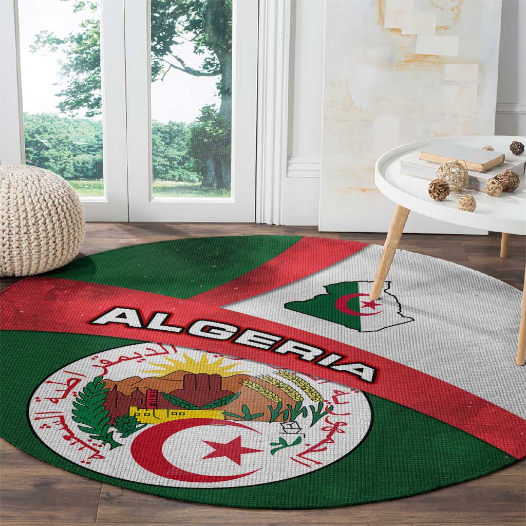 Algeria Round Carpet with National Emblem and Map Design