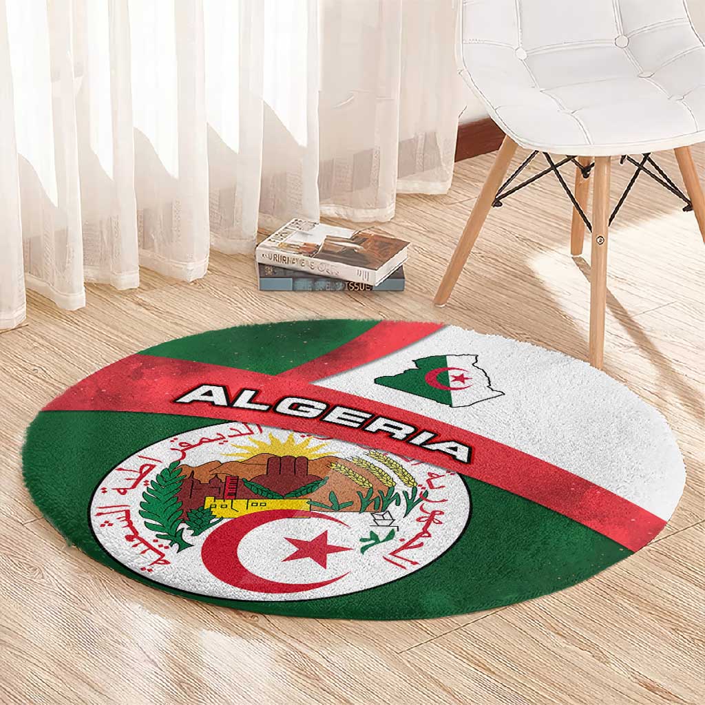 Algeria Round Carpet with National Emblem and Map Design