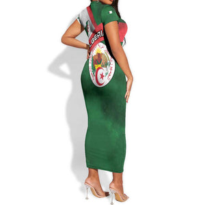 Algeria Short Sleeve Bodycon Dress with National Emblem and Map Design