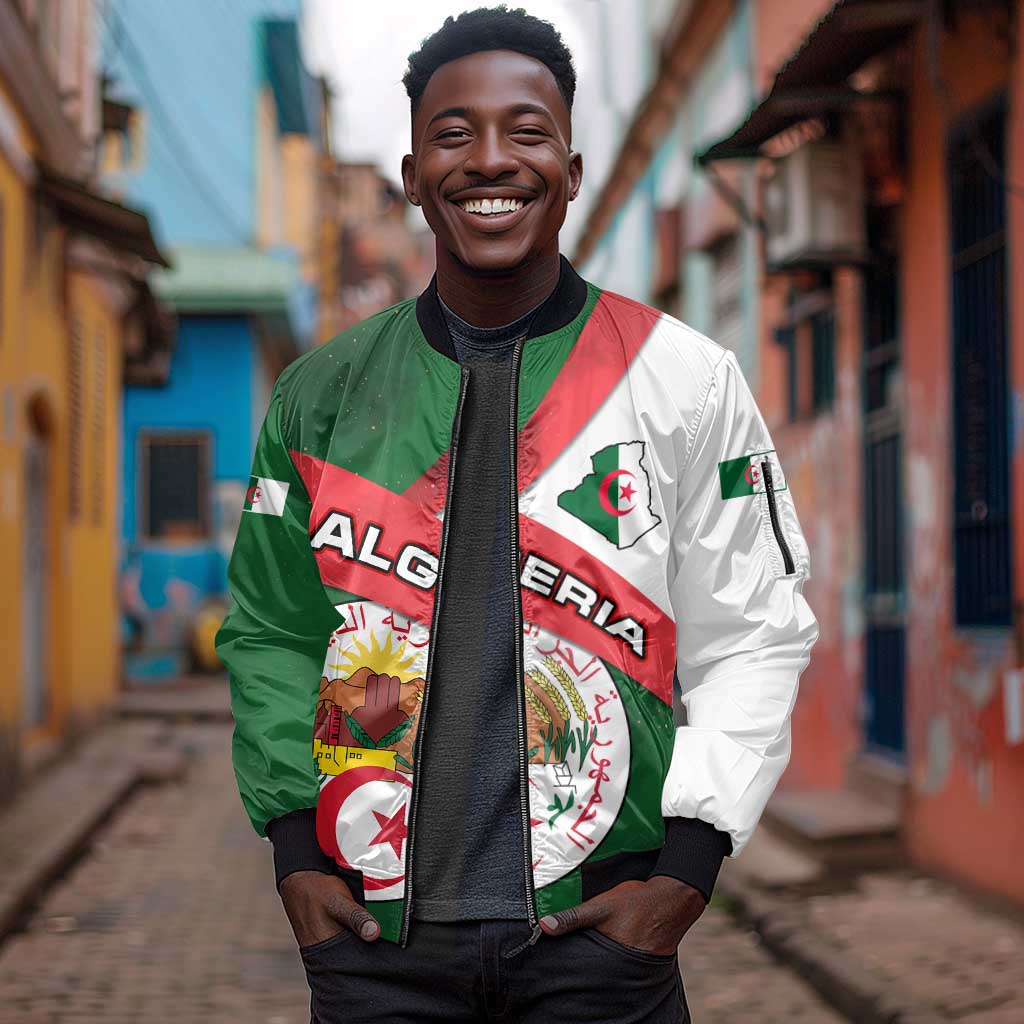 Algeria Sleeve Zip Bomber Jacket with National Emblem and Map Design