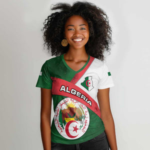 Algeria Women V-Neck T-Shirt with National Emblem and Map Design