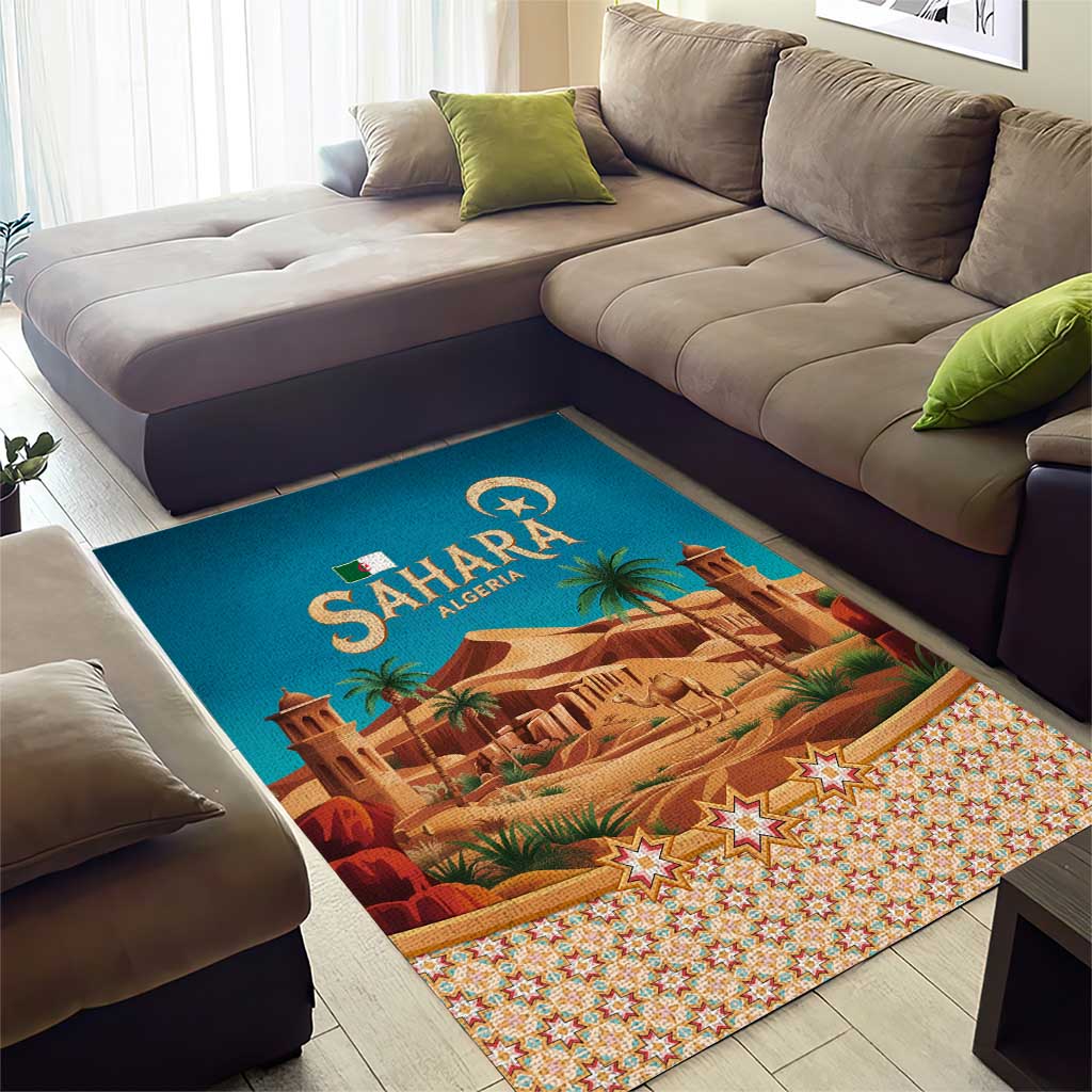 Sahara Algeria Area Rug with Desert Camel Landscape and Islamic Motif Design