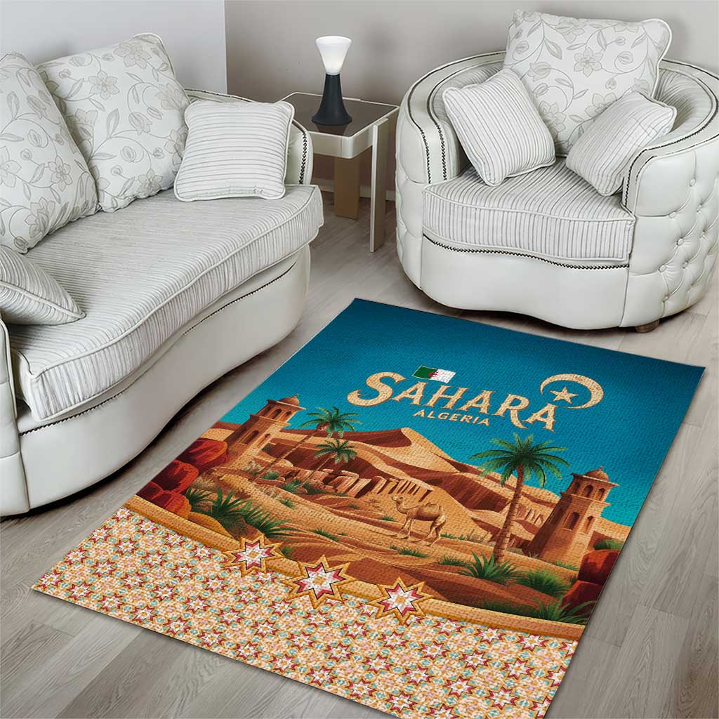 Sahara Algeria Area Rug with Desert Camel Landscape and Islamic Motif Design