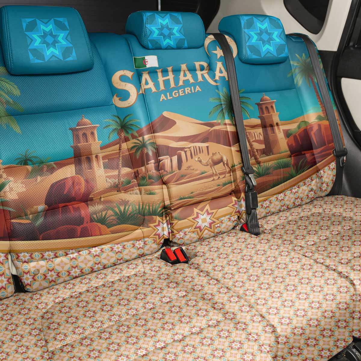 Sahara Algeria Back Car Seat Cover with Desert Camel Landscape and Islamic Motif Design