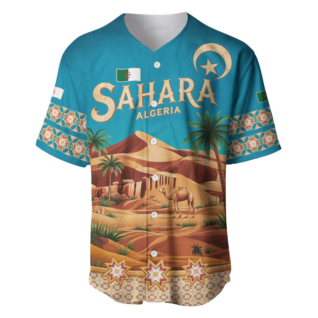Sahara Algeria Baseball Jersey with Desert Camel Landscape and Islamic Motif Design